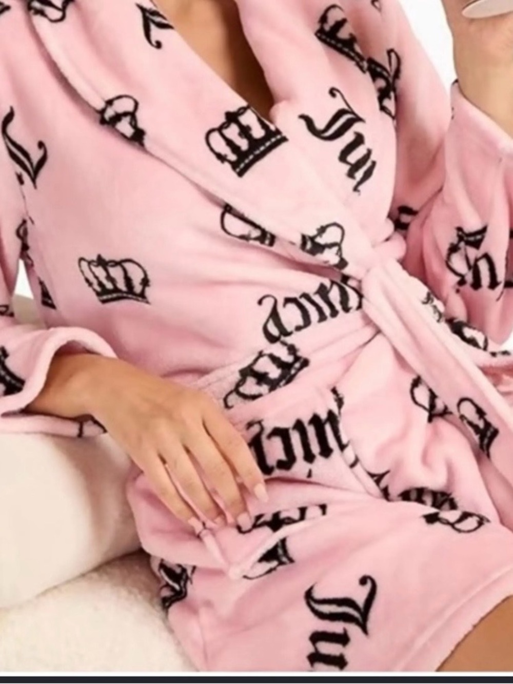 Juicy Couture Pink Plush Robe with Black Crown & Script